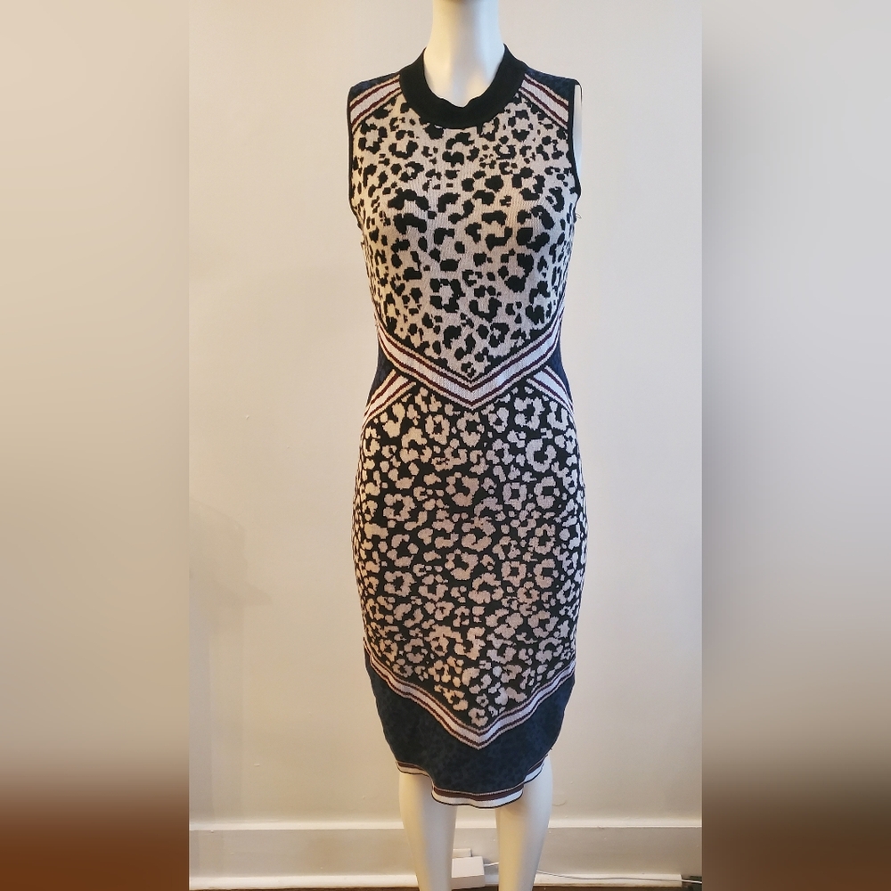 Vince Camuto Black and Cream Animal Print Midi Dress